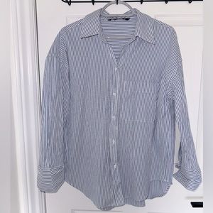Zara blue & white vertical striped poplin blouse
